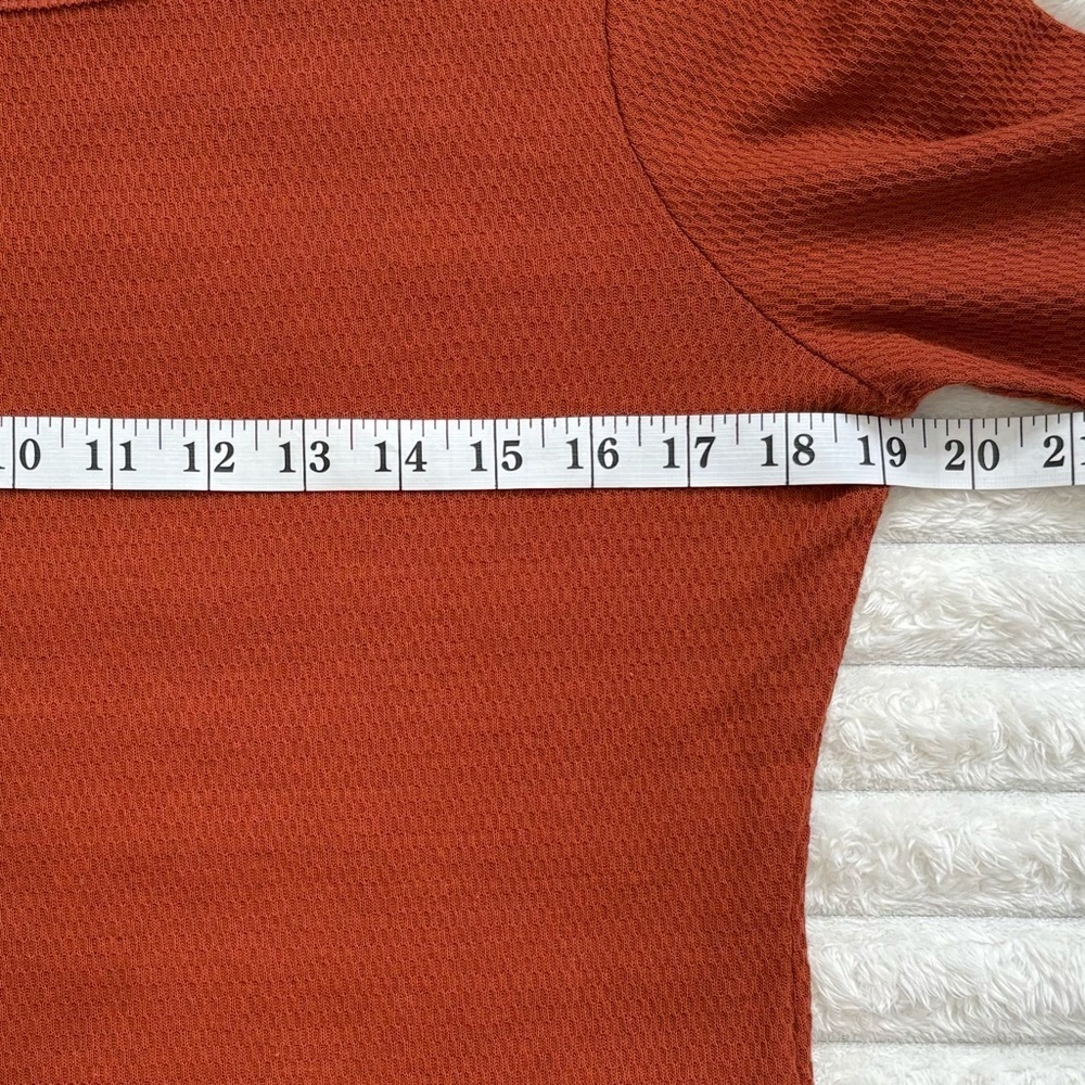 PILCRO Anthropologie Waffle Knit Thermal Top Rust Orange Crochet Bell Sleeve Sm - Picture 8 of 10